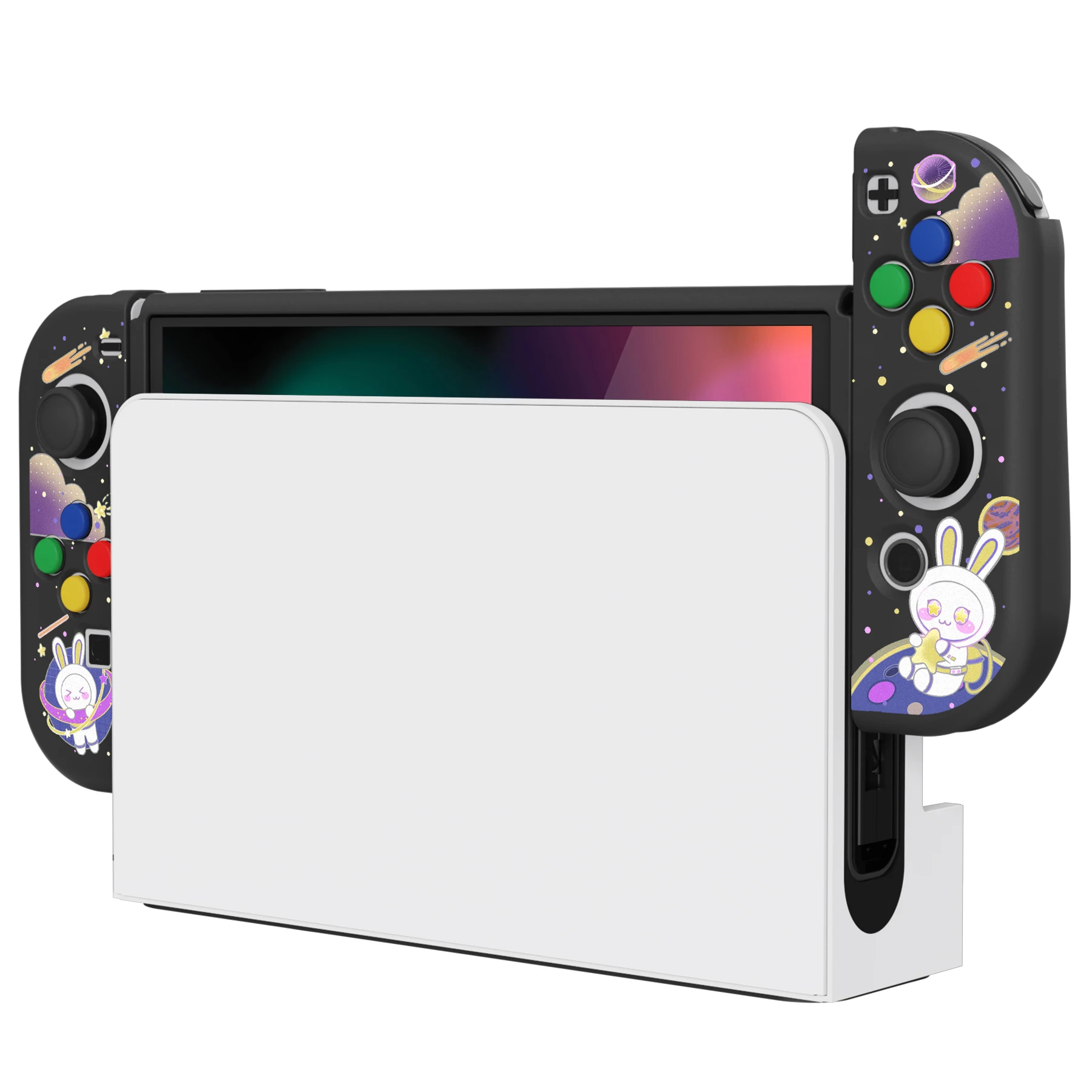 PlayVital ZealProtect Soft Protective Case for Nintendo Switch OLED Protector W/ Thumb Grips - Space Cat Adventure