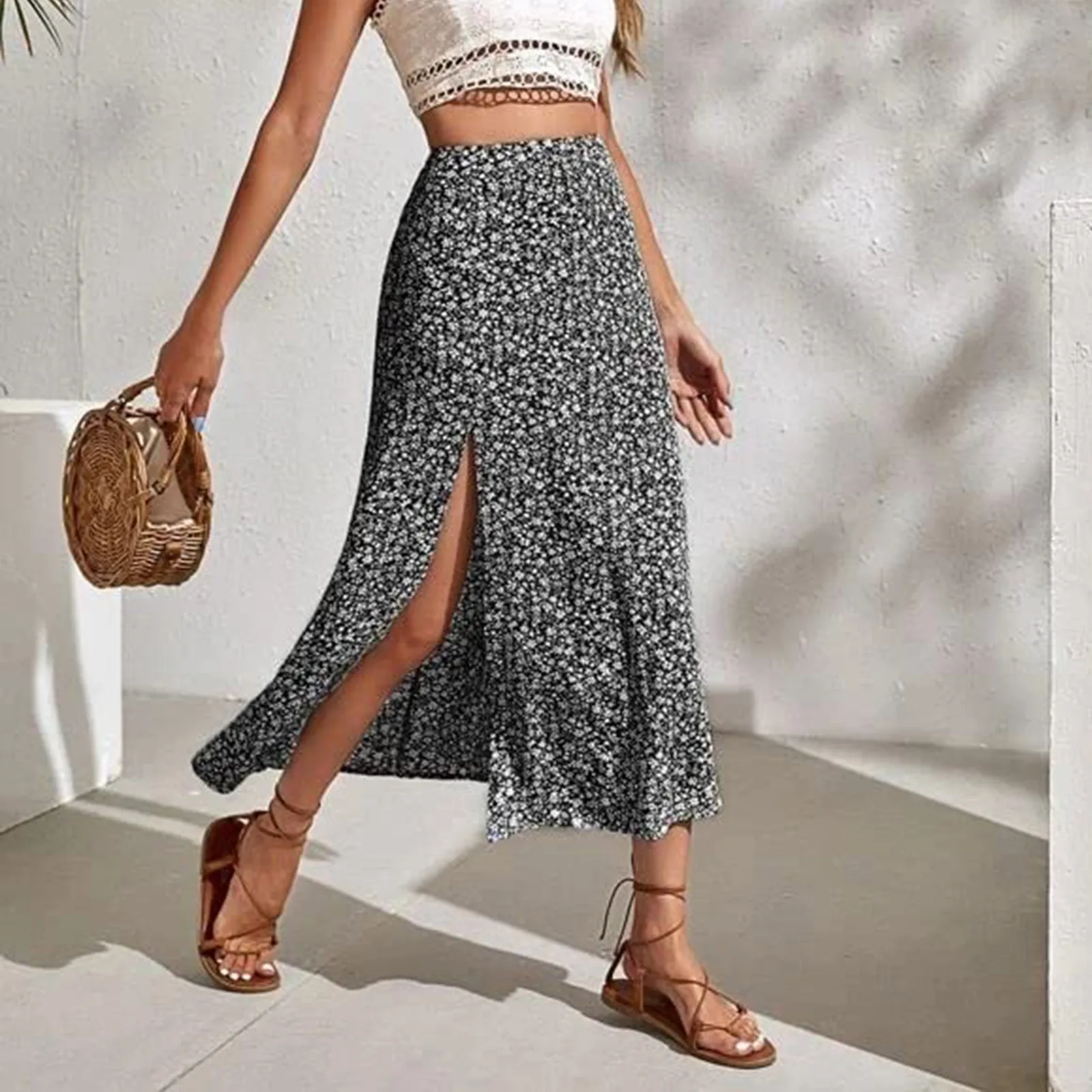 Fashion Vintage Skirt 2023 Flower Polka Dot Print High Waist Stretch Split Long A-Line Skirts For Women Fashion Beach Maxi Skirt