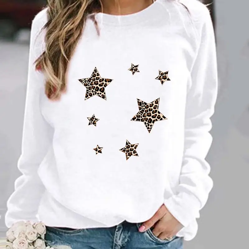 

Womens Female O-neck Casual Sweatshirts Woman 90s New Cute Pullovers Clothing Ladies Spring Autumn Winter Leopard Star Hoodies