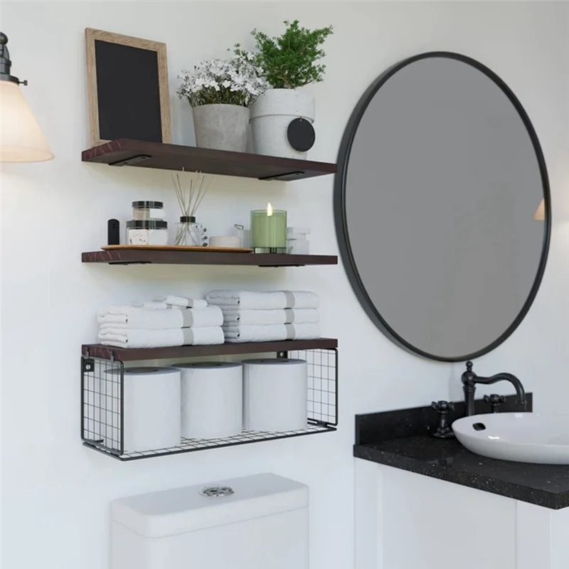 

A29M-Bathroom Shelves Over Toilet, Floating Bathroom Wall Shelves With Wire Basket, Shelf For Wall Decor