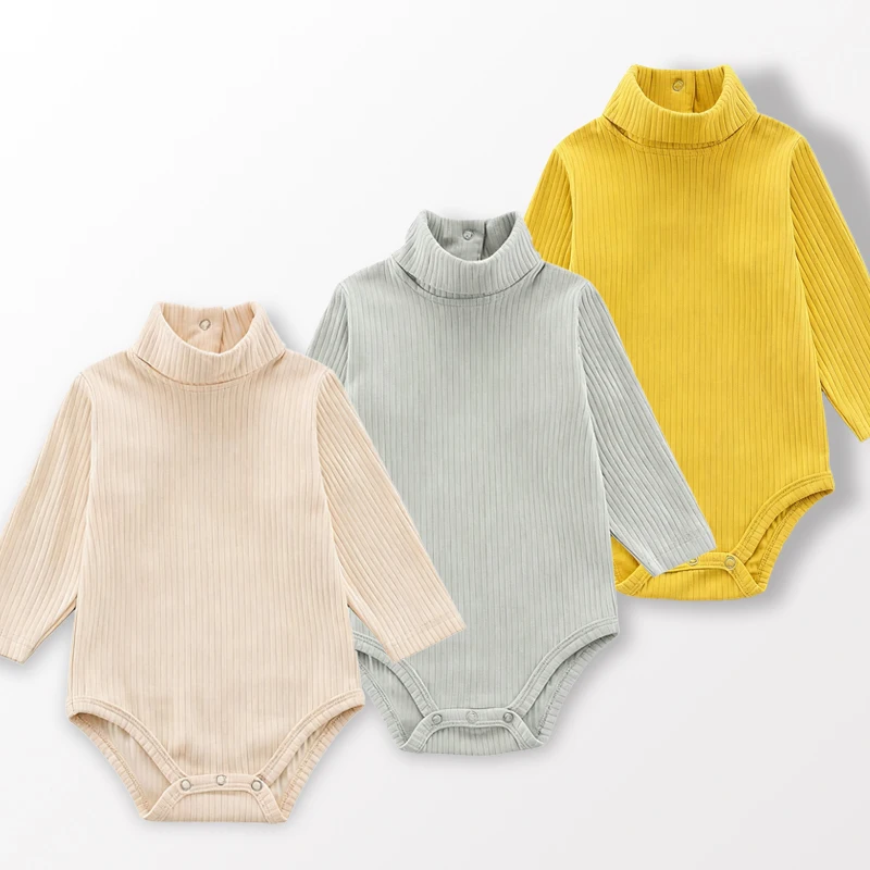 3-Pack Baby Bodysuit Long Sleeve Turtle Neck Ribbed Cotton Onesie Newborn Autumn Winter Undershirt for Boys Girls 0-18M