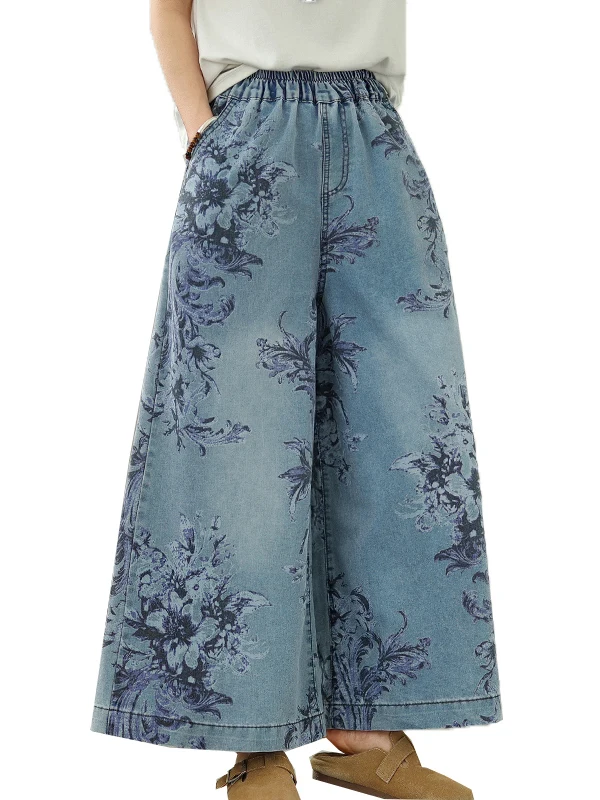 2025年夏 花柄プリント ワイドレッグジーンズ スリムフィット ウエストゴム 細身 ストレート マキシ丈パンツ カジュアル ハイウエスト ロング丈