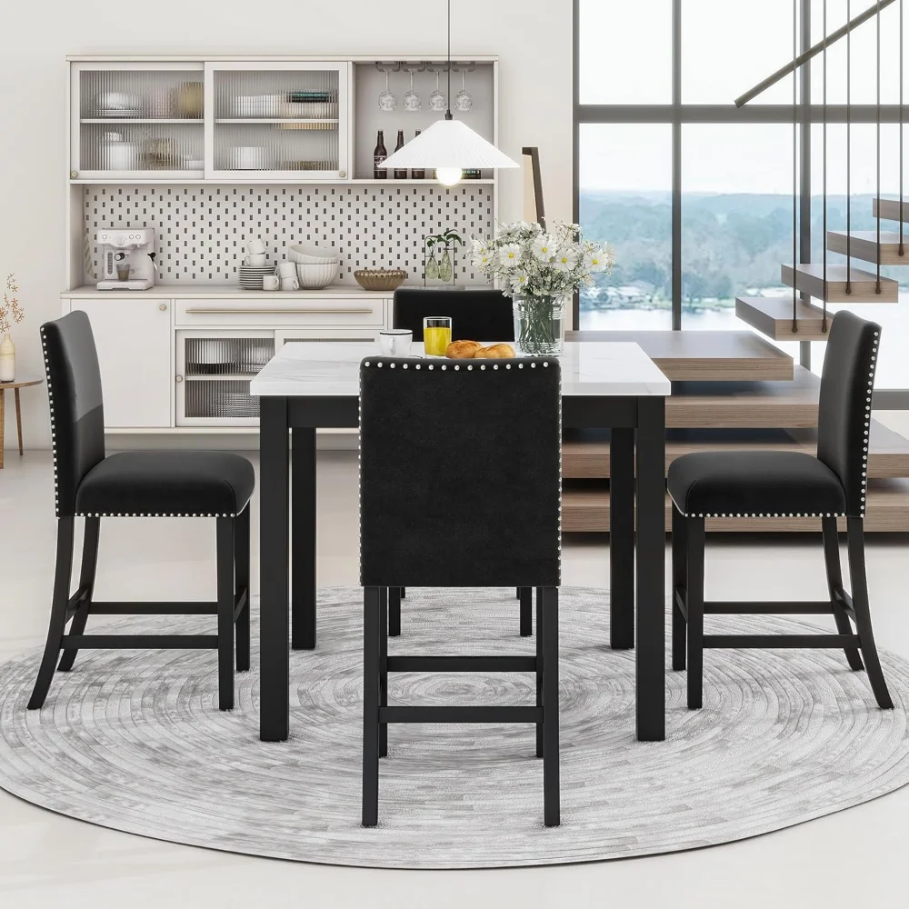 

Dining Table Set, 5 Piece Counter Height Dining Table Set with Faux Marble Dining Table and 4 Upholstered-Seat Chairs