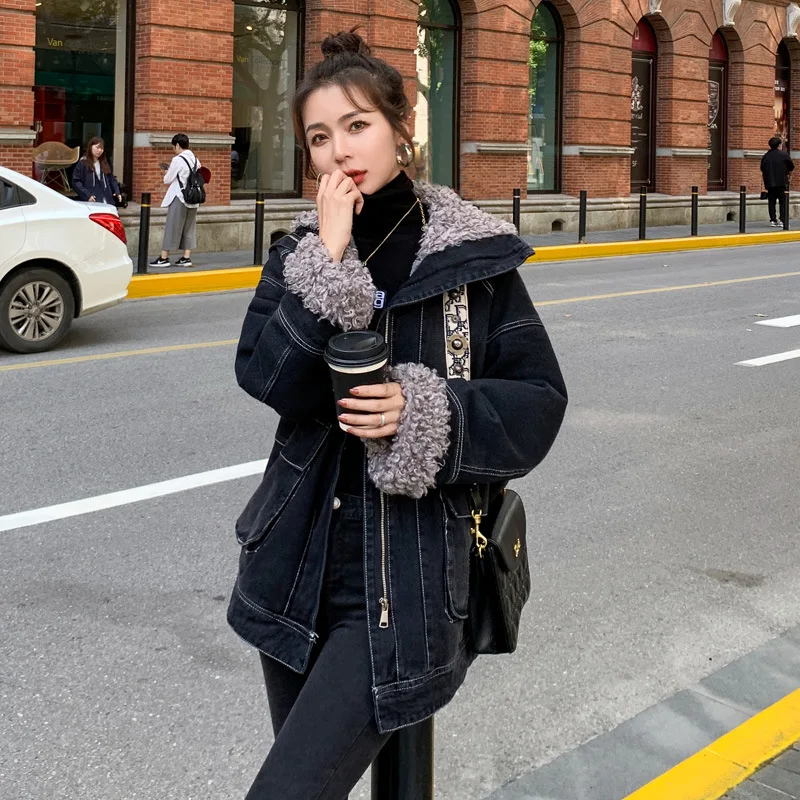 

Женская зимняя куртка, рабочая одежда, джинсовая хлопковая женская зимняя куртка, свободная новая верхняя одежда с большими лацканами, парка из овечьей шерсти, женская одежда