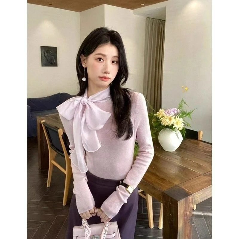 Fashionable Form-fitting Innerwear Base Layer Top French Elegant Bow Tie Purple Long-sleeved Knitted Sweater for Women Autumn
