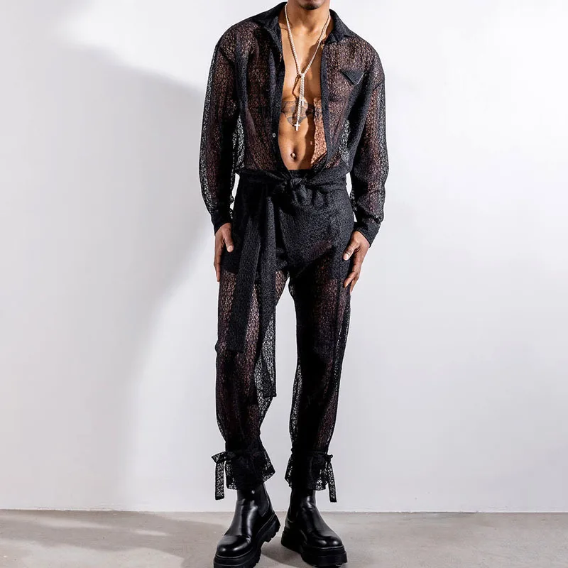 

Осенние новые сексуальные сетчатые брюки, слегка прозрачные полые однотонные прямые брюки, гетеорологические универсальные повседневные брюки для мужчин