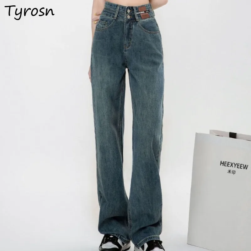 

Chic Jeans for Women College Students All-match Spring Clothing Fashion Wide Leg Pants High Waist Comfortable Button Full Length