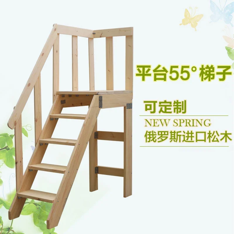 Household platform ladder straight up solid wood balcony step unilateral stage ladder split-level attic with handrails custom