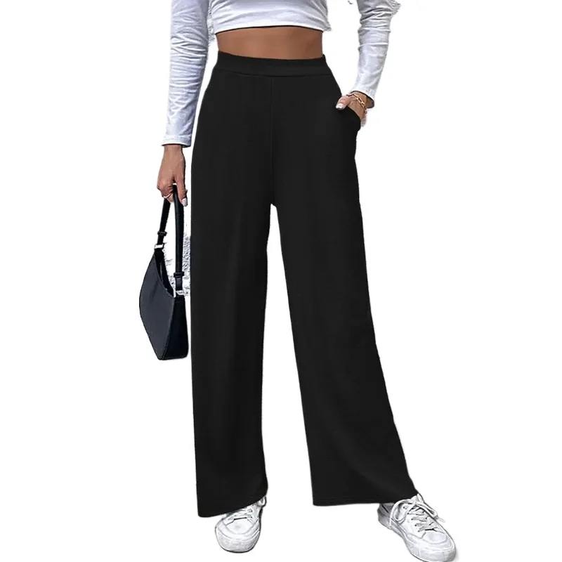 2025 Casual Straight Leg Pants Women Elastic Waist Stretchy Slimming Solid Black Office Daily Trousers