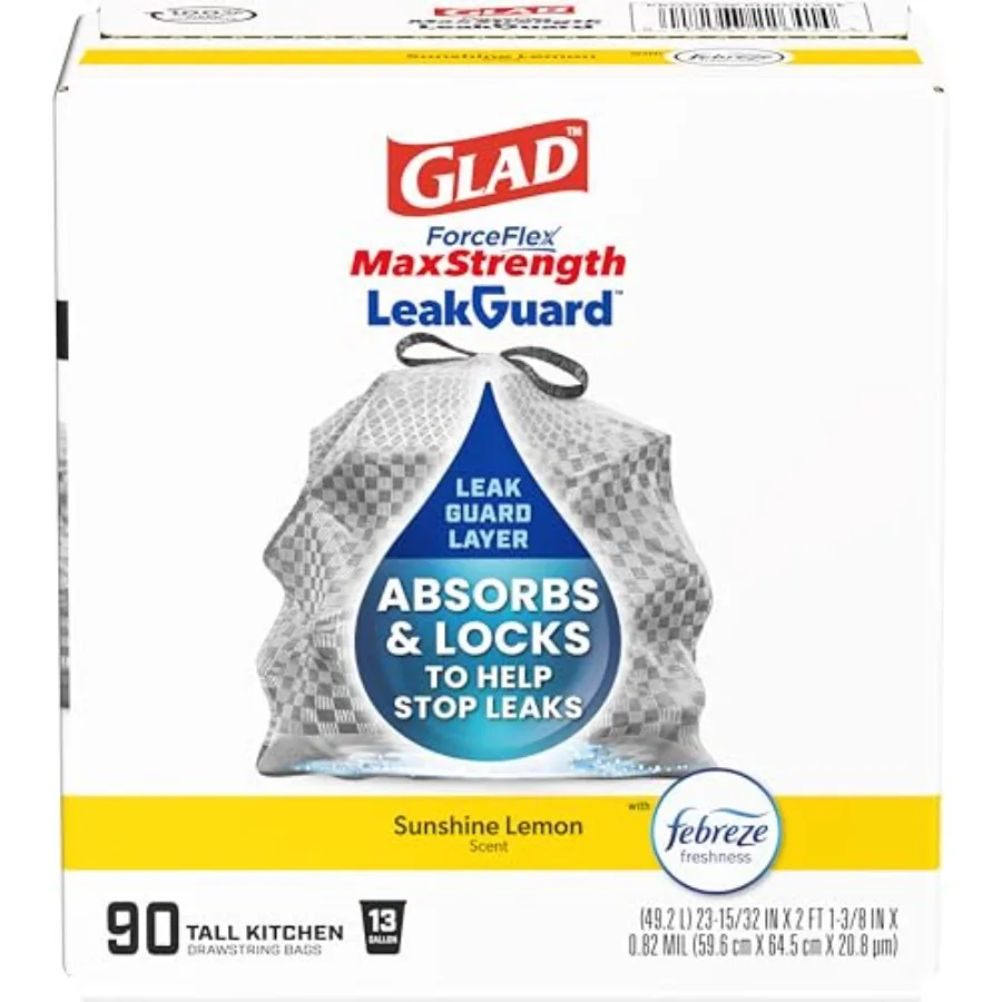 

Мешки для мусора ForceFlex MaxStrength LeakGuard, 13 галлонов, с ароматом лимона Sunshine, 90 штук, идеально подходят для кухни, ванной комнаты и использования на улице, прочные.