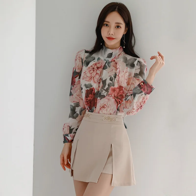 Camisa feminina retrô com estampa floral manga longa com renda e saia dividida em linha, roupa elegante da moda, conjunto casual de 2 peças, primavera, outono