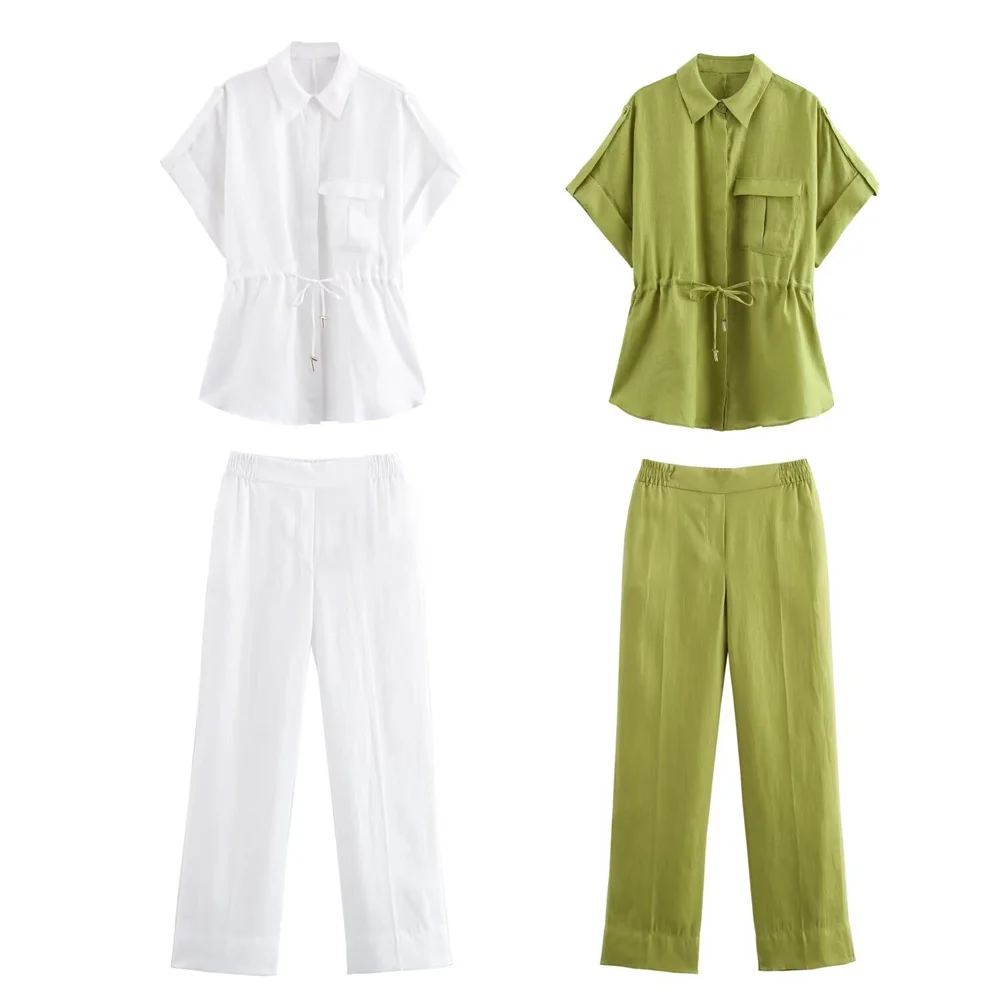 European And American Style 2024 Women\'s Clothing New Fashion Solid Color Lapel Short Sleeved Shirt High Waisted Pants Set