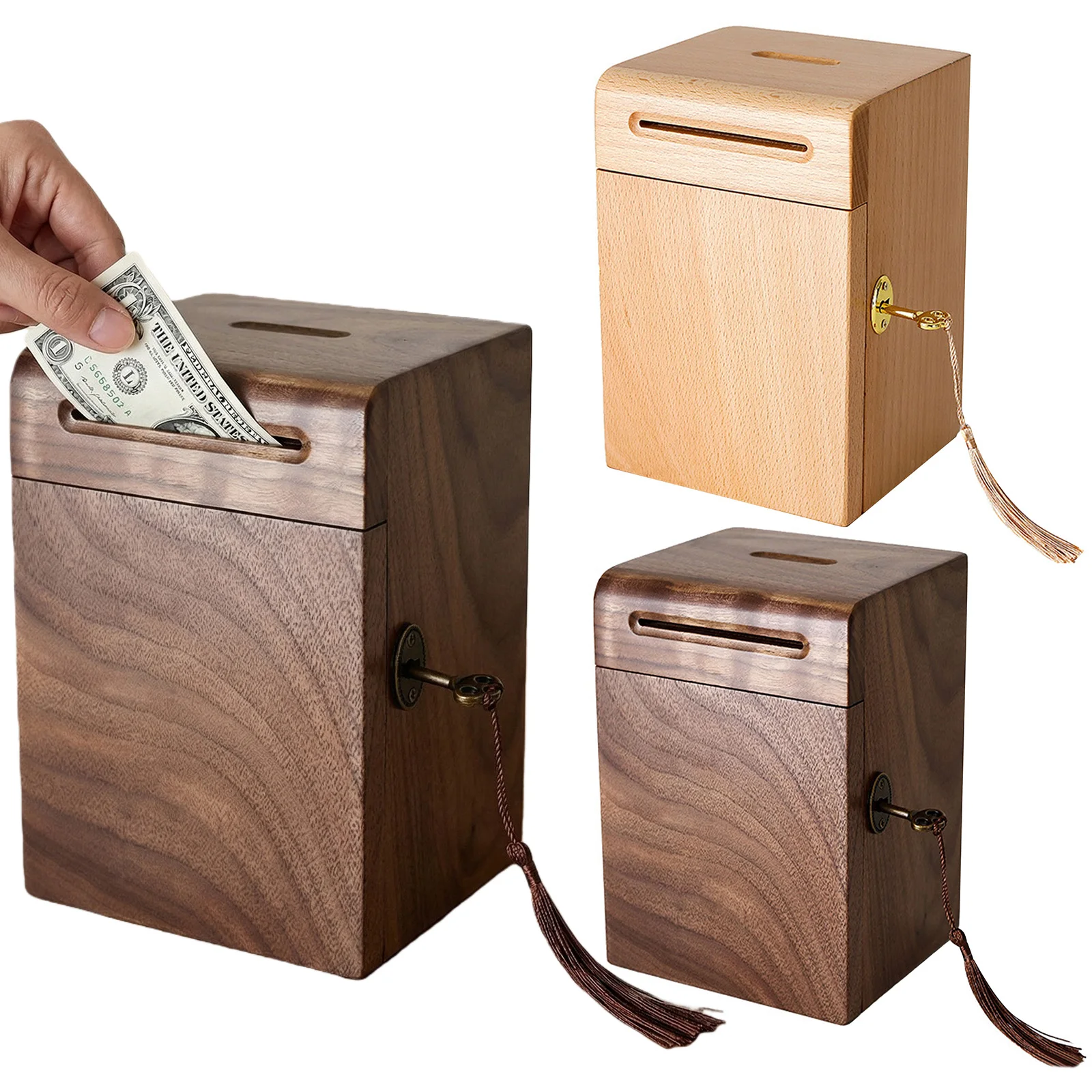 

Деревянная копилка с ключом и бахромой, креативная декоративная банка для монет, сейф для монет, подарок на День рождения/Рождество/Новый год
