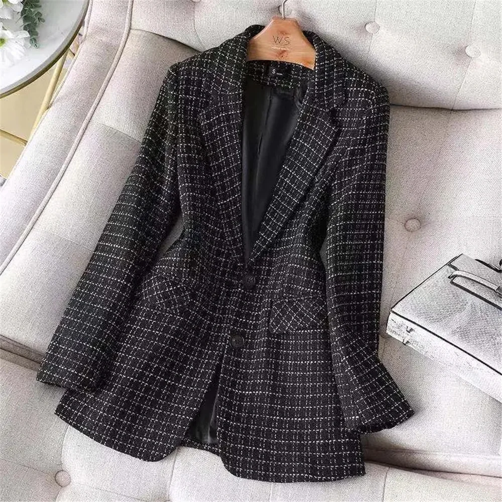 Lente Vrouwen Jas Tweed Wollen Jassen Vrouwelijke Casual Dikke Blazers Bovenkleding Lange Mouwen Suits Vrouwelijke Tops Lady Office Blazer