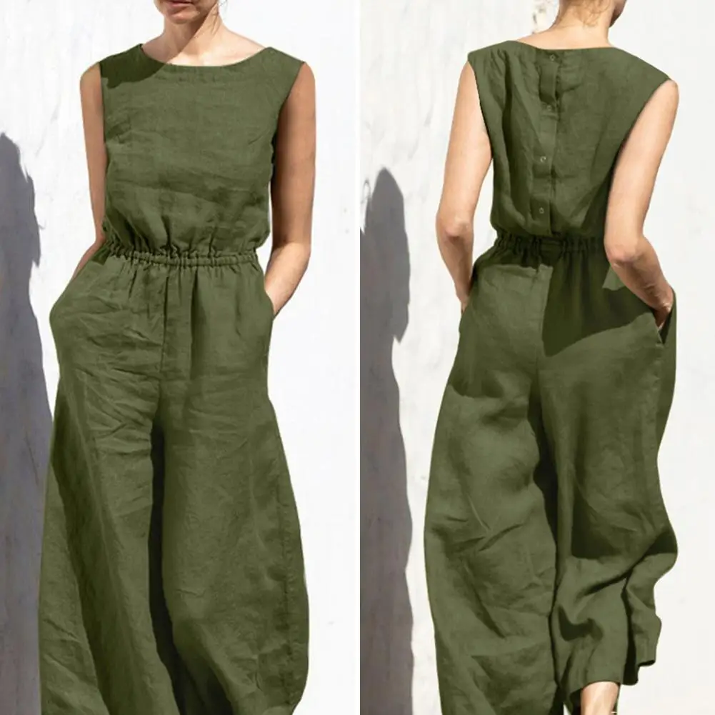 

Cotton And Linen Jumpsuit Women Solid Color Sleeveless Pocket High Waist Wide Legs Jumpsuits Casual Commuting Ladies Bodysuits