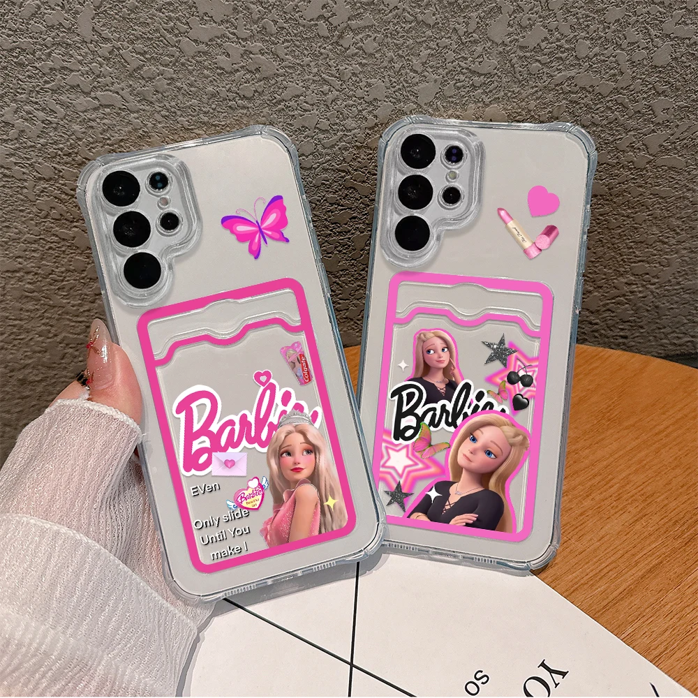 Cartoon B-Barbies Princess Card Hold Phone Case for Samsung S24 S23 S22 S21 S20 FE Plus Ultra M33 M54 5G Anti-fall Clear Cover