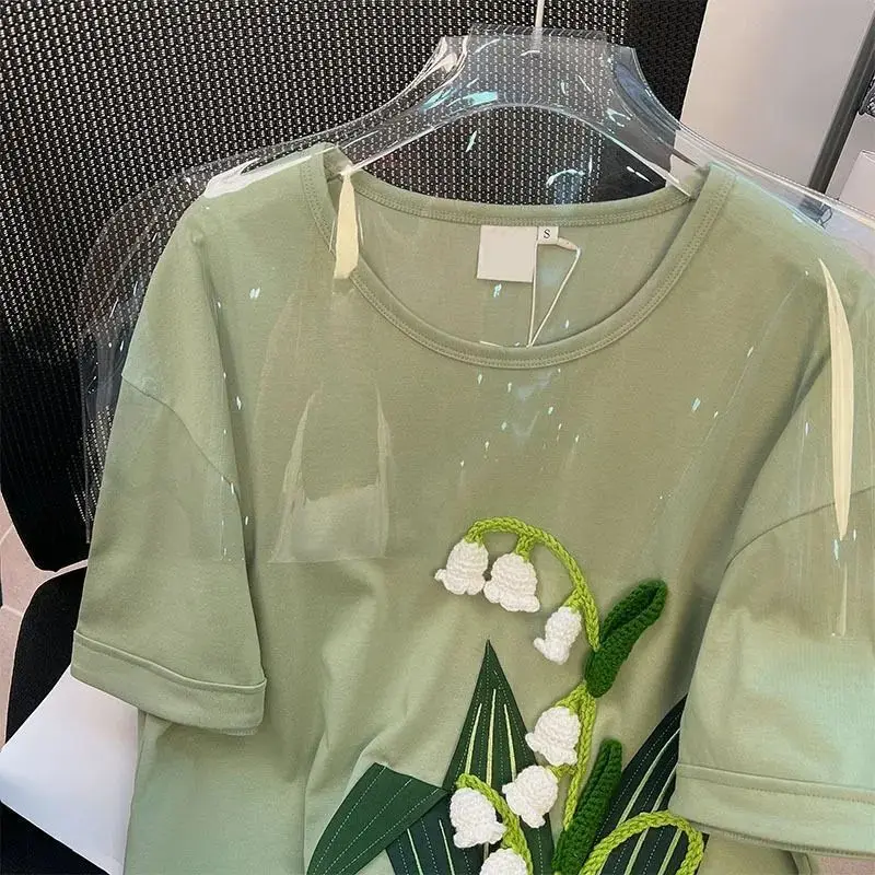 DAYIFUN-Green Short Sleeve T-shirts for Women 3D Flower Design Cotton Embroidered Tshirt Large Size Couple Tops Summer Tees 2024