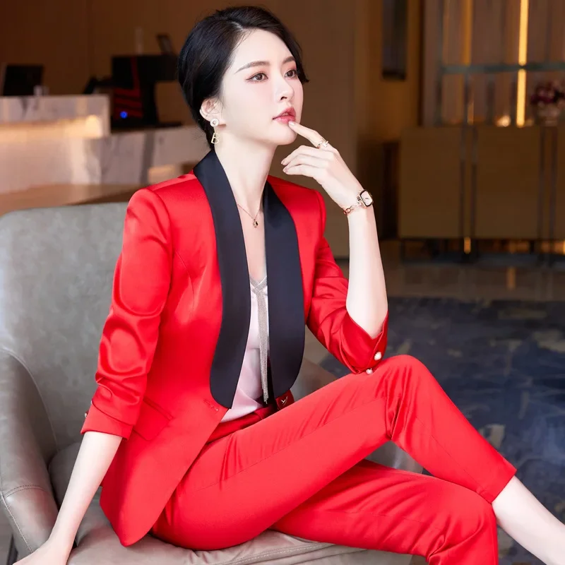 Set di pantaloni blazer da donna eleganti pop Set di pantaloni con colletto a scialle alla moda autunnale Completo da lavoro da donna da ufficio Set coordinato