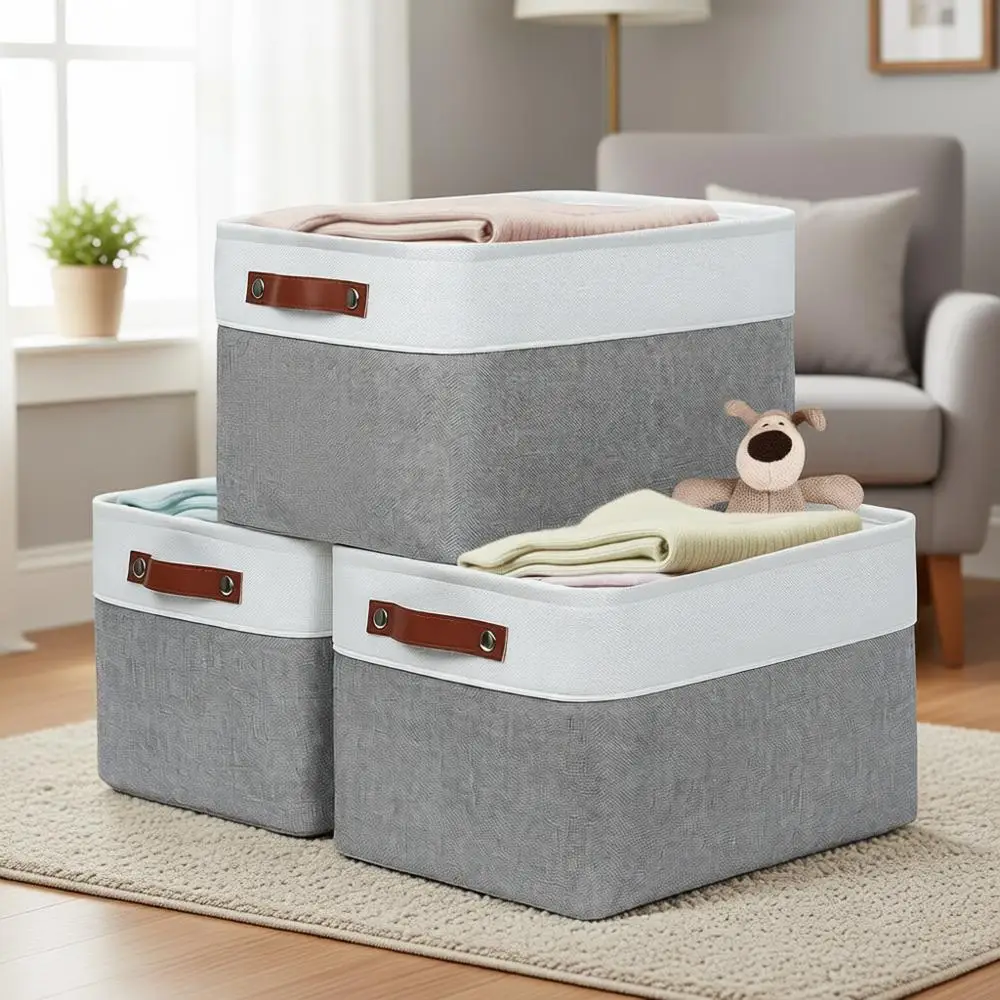

Набор из 3 больших тканевых корзин для хранения, 16x13 дюймов, органайзеры из холста для шкафов, серые льняные решения для хранения