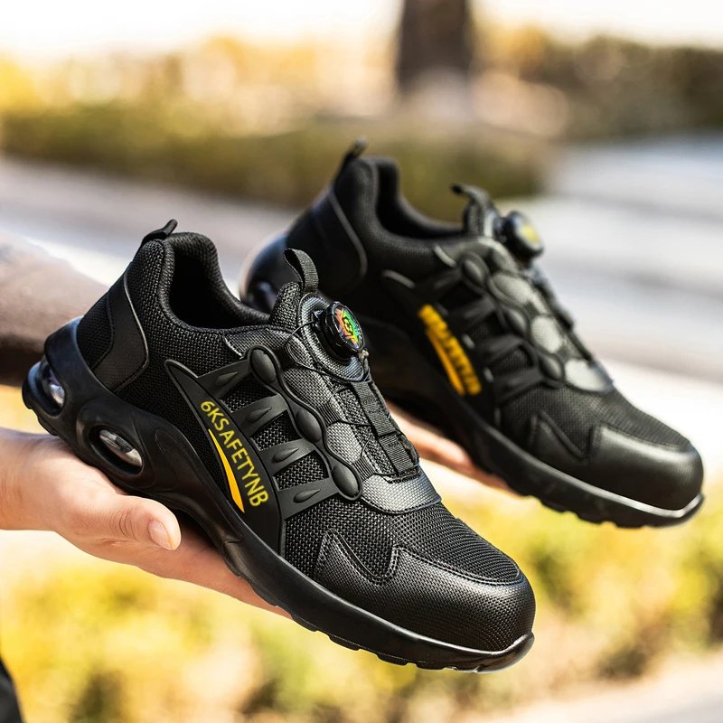 Rotating Button Safety Shoes Steel Toe Safety Shoes for Men Women Air Cushion Work Shoes Breathable Safety Tennis Sneaker