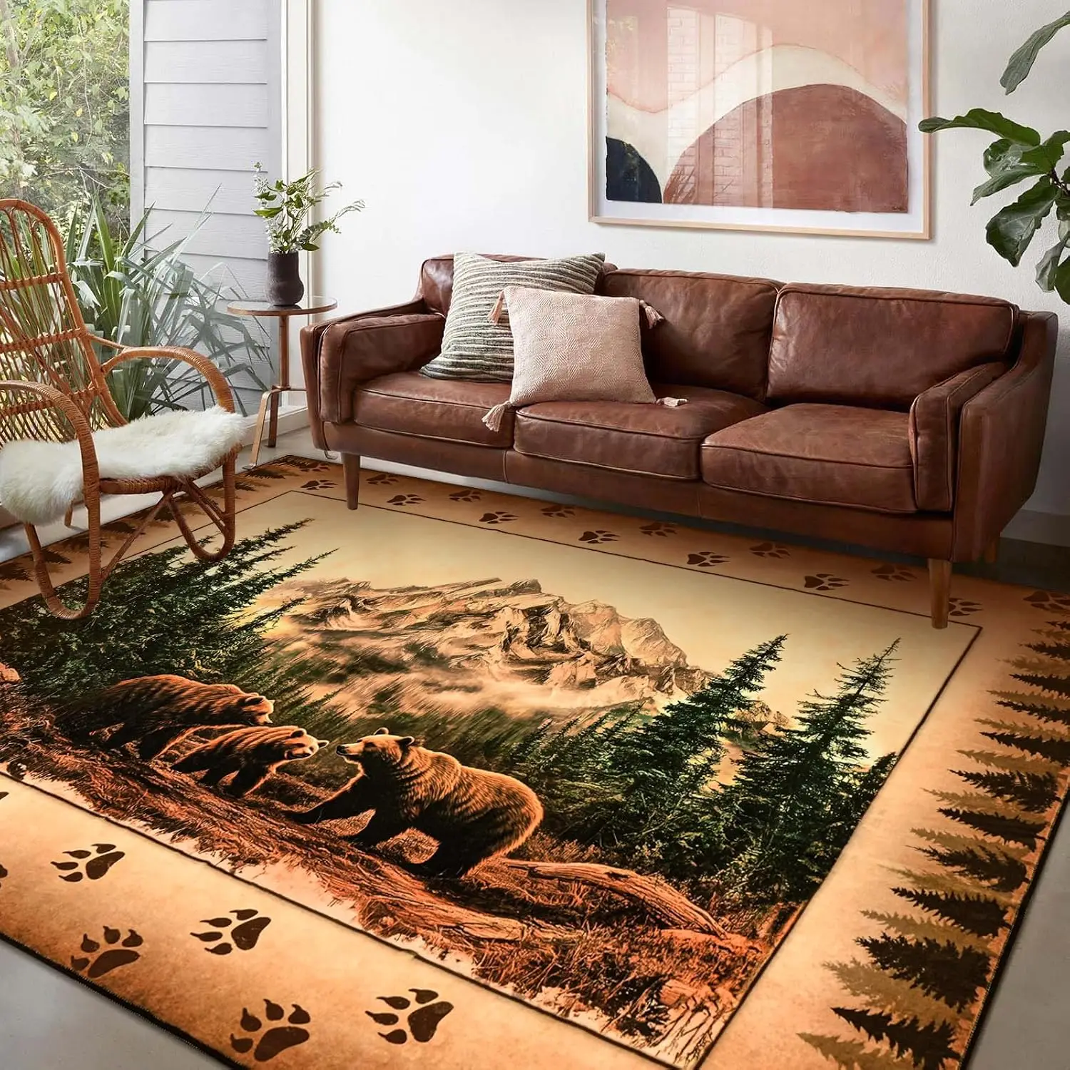 Bear Pine Forest Area Rugs Grizzly Wildlife Carpet Vintage Rustic Bears Rugs Bedroom Dining Living Room  Area Washable Entryway