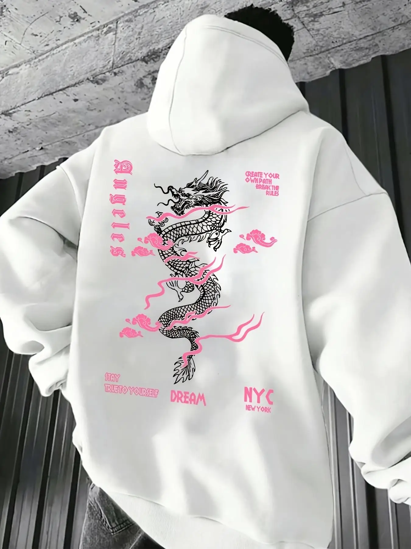 Men's stylish dragon-patterned print trendy, simple, fashionable, punk-style, cool and relaxed loose-fitting hooded sweatshirt.