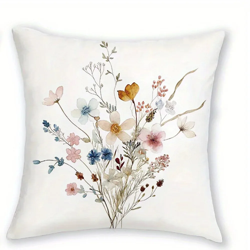 Watercolor Wildflower Bouquet Cushion Cover 2D Flat Printed Peach Skin Botanical Floral Throw Pillow Case For Sofa Living Room