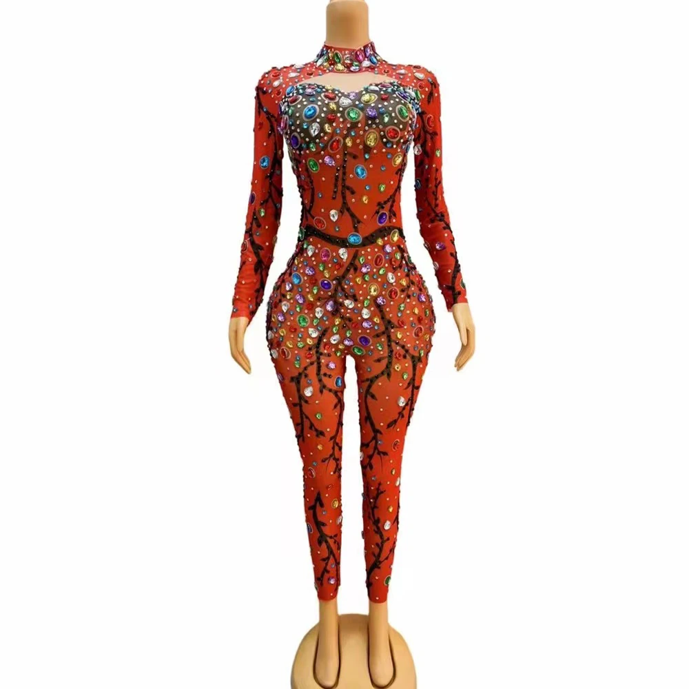 イブニング誕生日祝うクラブジャンプスーツ衣装ダンスパフォーマンス写真撮影衣装セクシーなカラフルなラインストーンメッシュボディスーツ