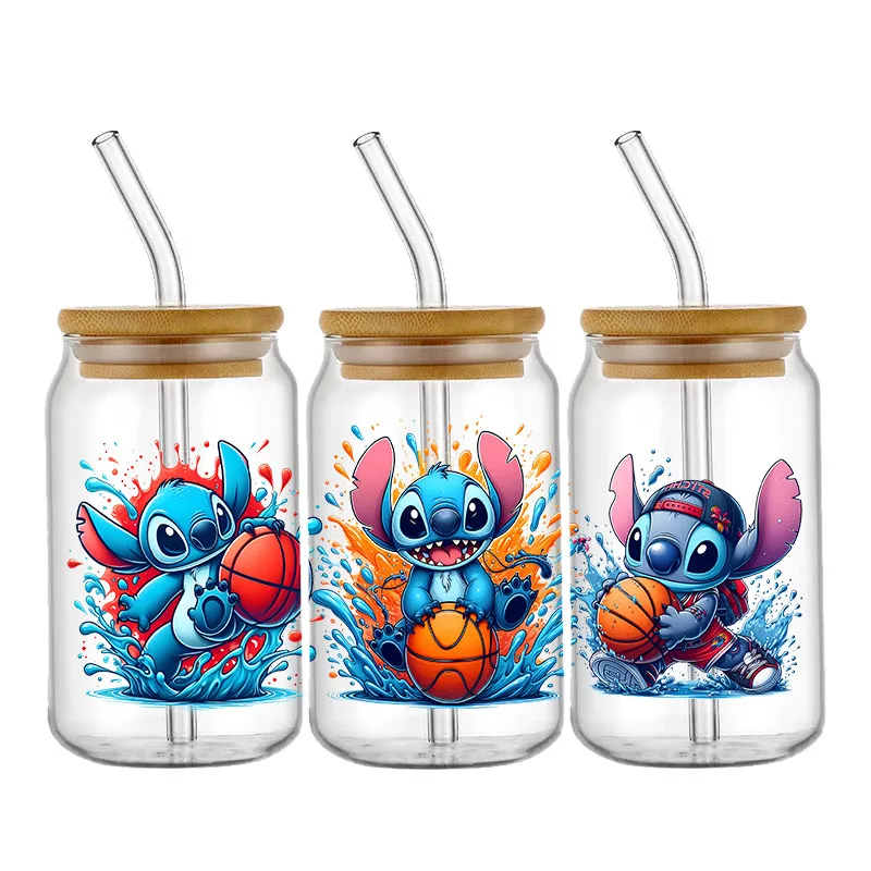 Disney Stitch-pegatina UV DTF de cristal de 16oz, pegatina de transferencia personalizada para envolver tazas, etiqueta personalizada con logotipo,