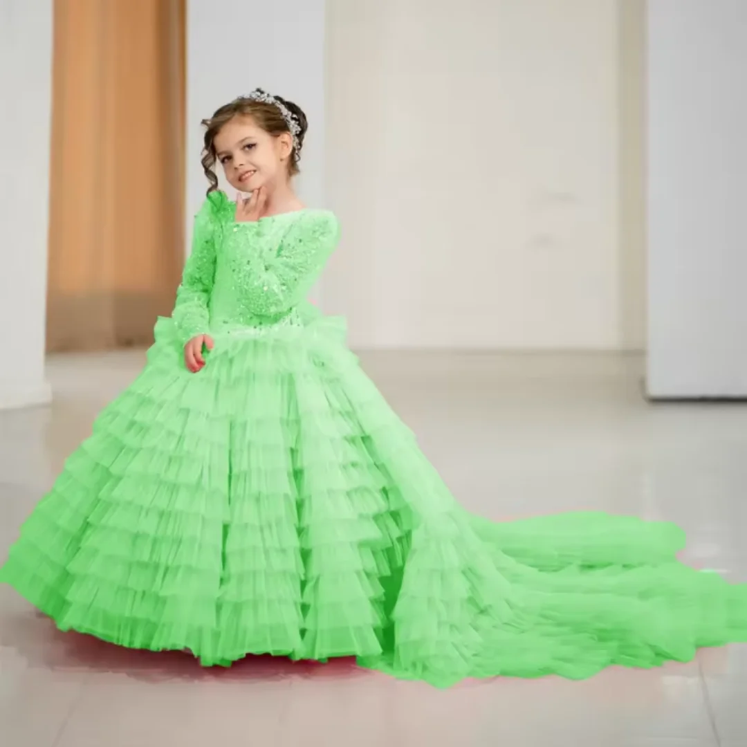 Luxurious Sequin Ruffled Sparkle Girl's First Communion Dress Long Sleeve Floor-Length Formal Wedding Party Children's Dress