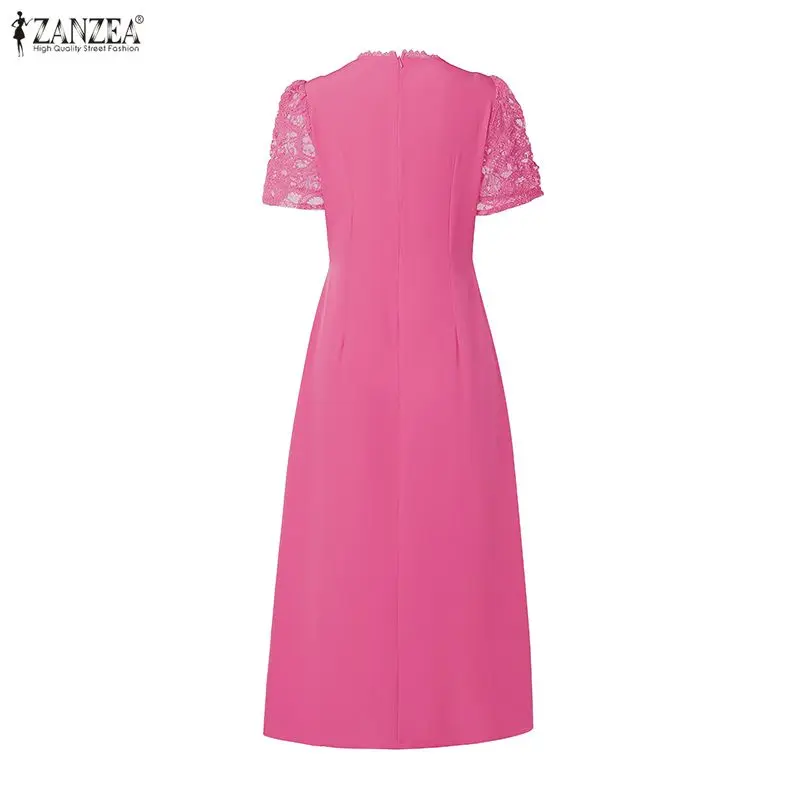 ZANZEA-Vestidos largos acampanados de malla y encaje para mujer, vestido largo elegante para fiesta de invitados de boda, manga corta abombada, cintura ajustada 3XL