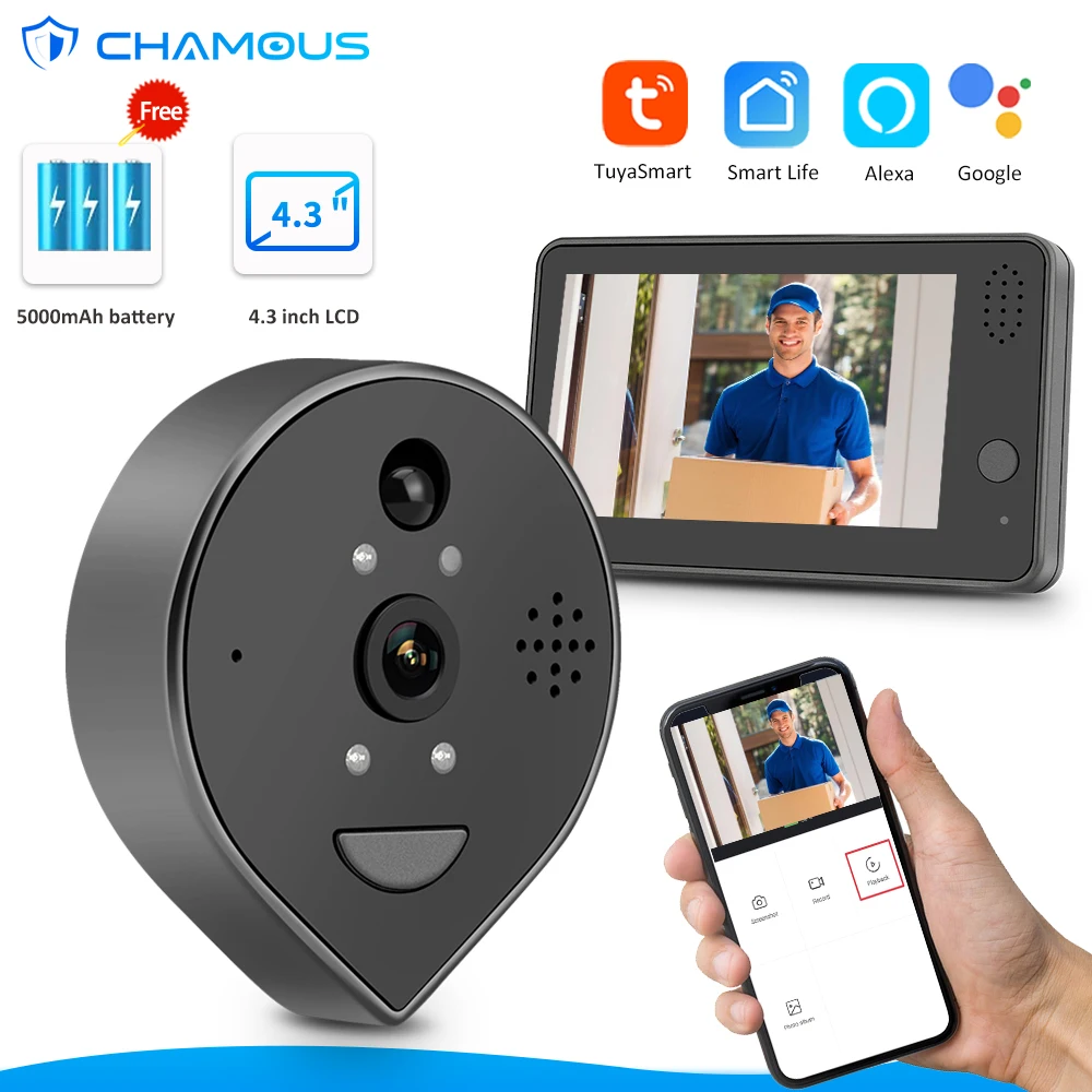 

Wifi Doorbell Camera 1080p Wireless Door Bell Video Peephole Intercom Home 4.3inch Lcd Eye Monitor Battery Alexa