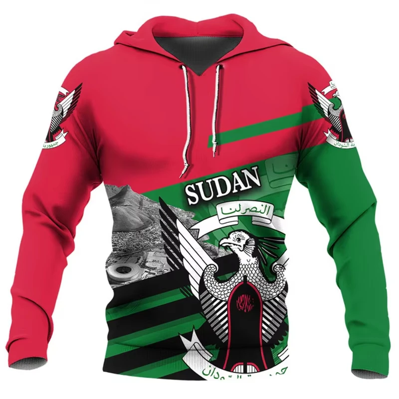 3D Print Africa Sudan Flag Map Hoodies For Men Clothes National Emblem Graphic Pullover Sweatshirts Casual Tracksuit Tops