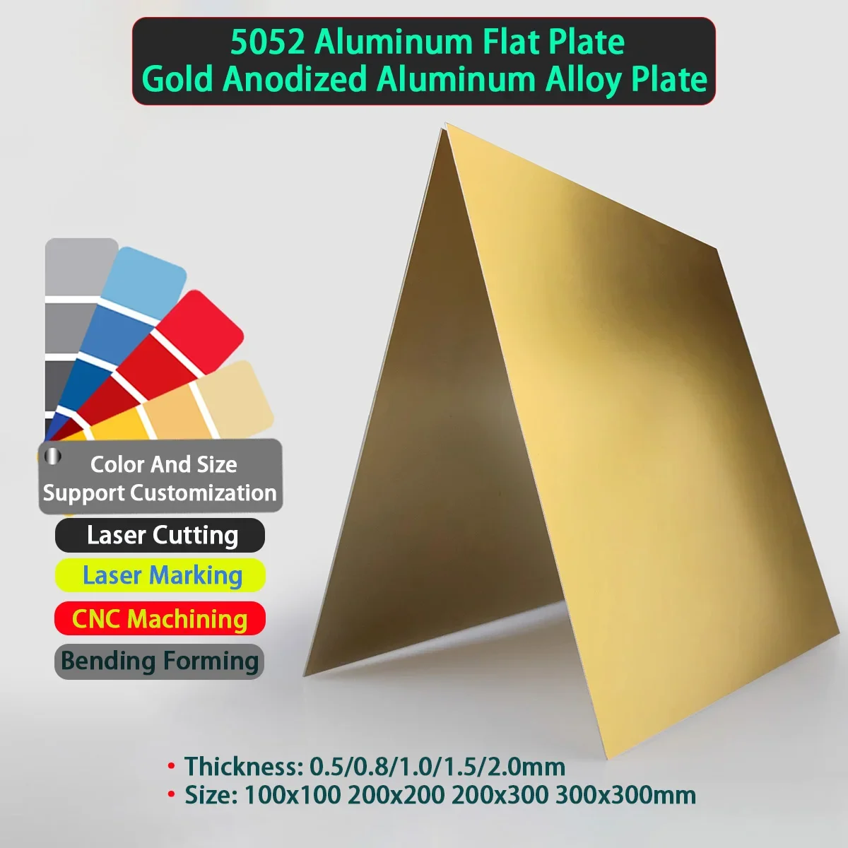 

5052 Aluminum Flat Plate Gold Anodized Aluminum Alloy Plate Thickness 0.5/0.8/1/1.5/2mm Size100x100 200x200 200x300 300x300mm