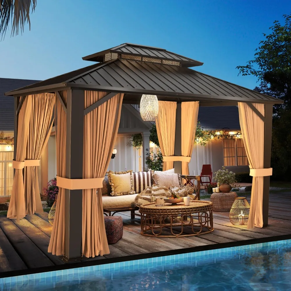 شرفة صلبة مقاس 10 × 12، مظلة سقف مزدوجة من الفولاذ المجلفن مع إطار من الألومنيوم، جناح خارجي #3