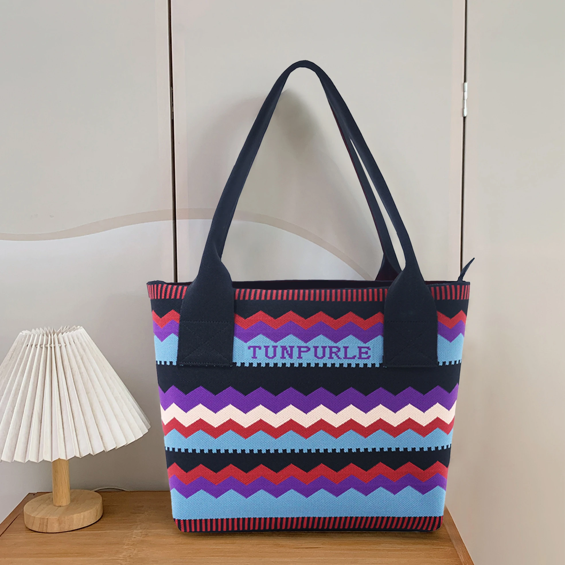 Bohemian Tote Bag Female College Student Shoulder Bag Blue Purple Wave Stripe Handbag Women Large Capacity Commuter Bag Lady's