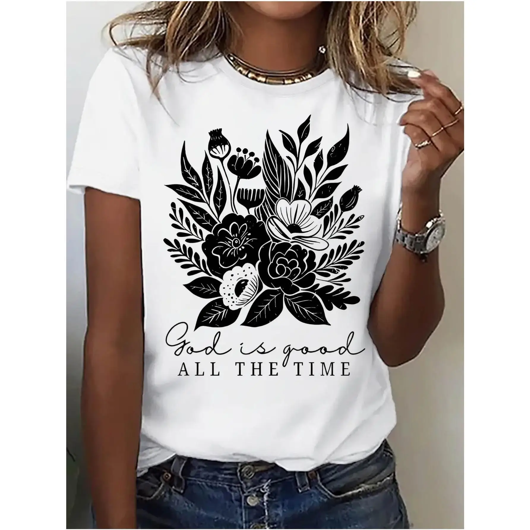 

Ladies geometric T-shirt-casual T-shirt with short sleeves, 180g printed T-shirt with short sleeves, versatile high-quality leis