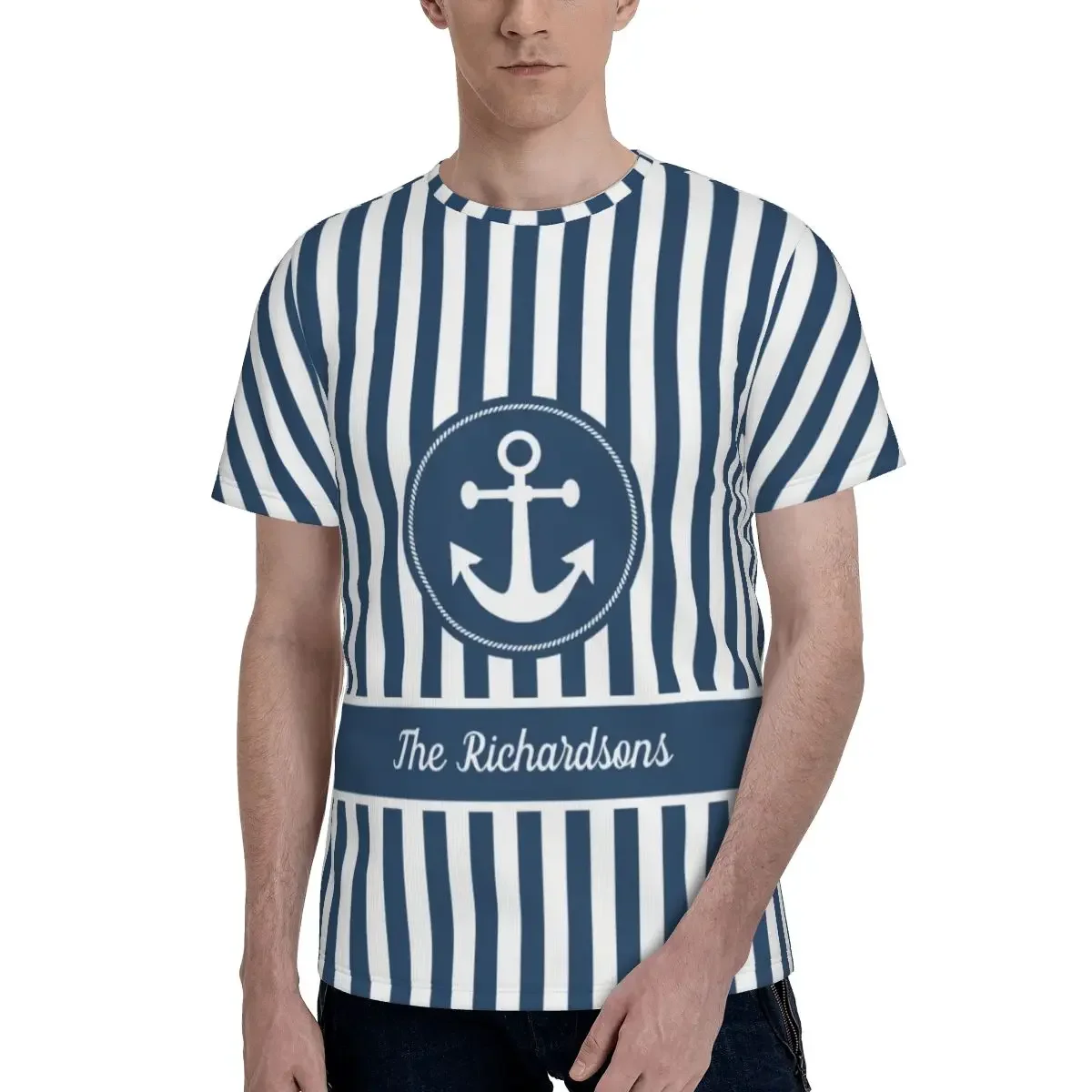 Summer Men's Ocean Striped Marine Anchor Print T-shirt Short Sleeve Men's and Women's Casual Adventure Sports Cool T-shirt