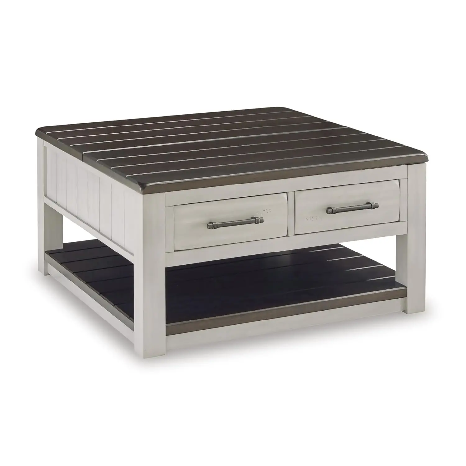 

Farmhouse Lift-Top Coffee Table With Drawers, Lower Shelf And Casters, Light Gray & Dark Brown