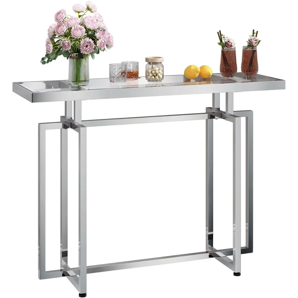 طاولة وحدة تحكم زجاجية من ASYA للمدخل، طاولة مدخل حديثة بإطار من الزجاج المقسى والكروم، طاولة أريكة فضية للمعيشة Ro
