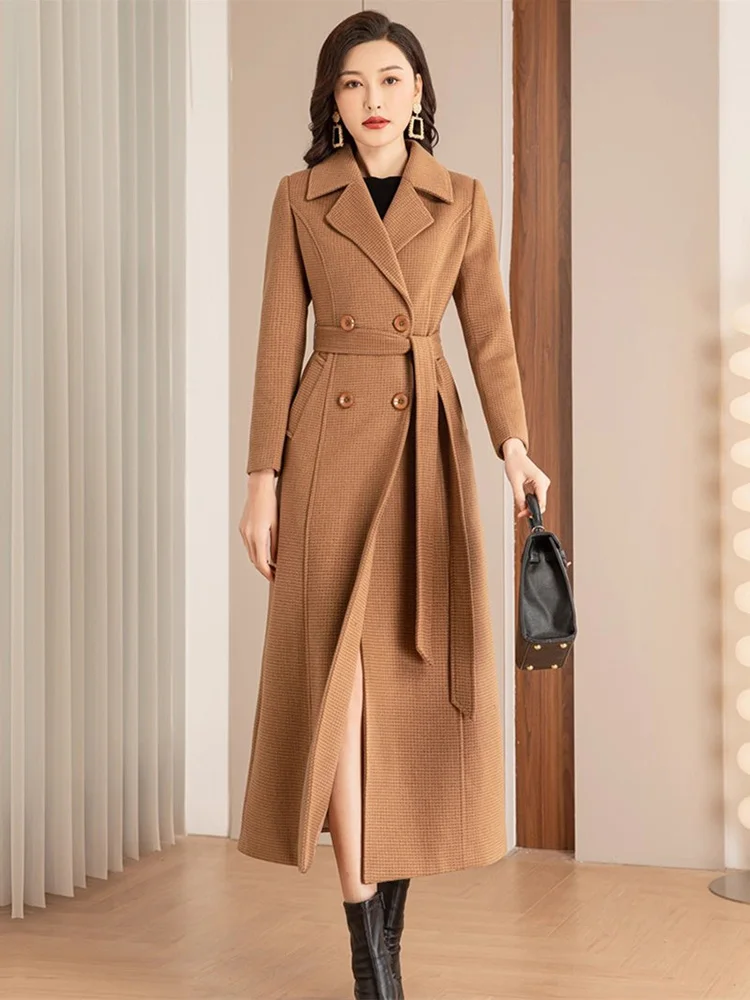 جديد نساء معطف من مزيج الصوف خريف موضة ياقة بدلة خصر نحيف مع حزام صدر مزدوج معطف صوفي أنيق بساطة معطف