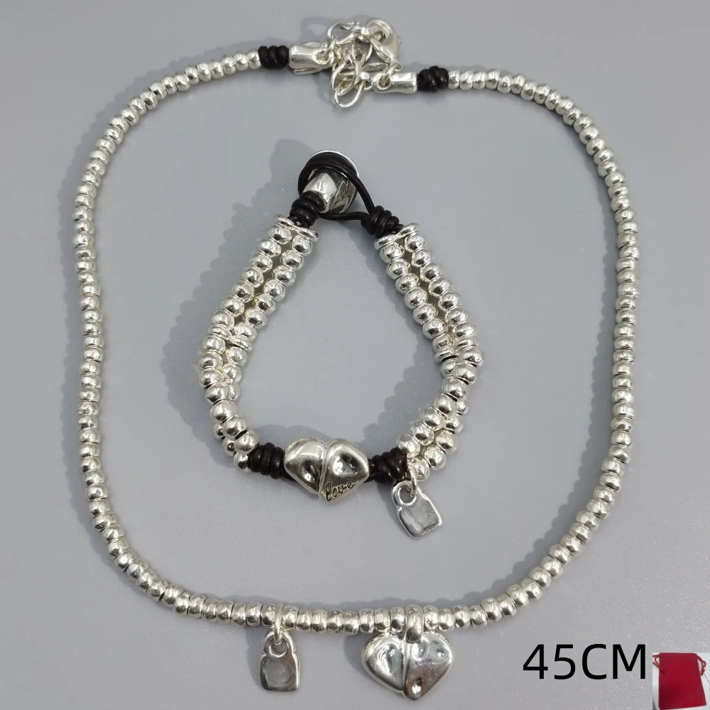 2026 Spain Sweet and Spicy Girl Style Silver Heart shaped Bracelet Necklace Jewelry Set Date Gift