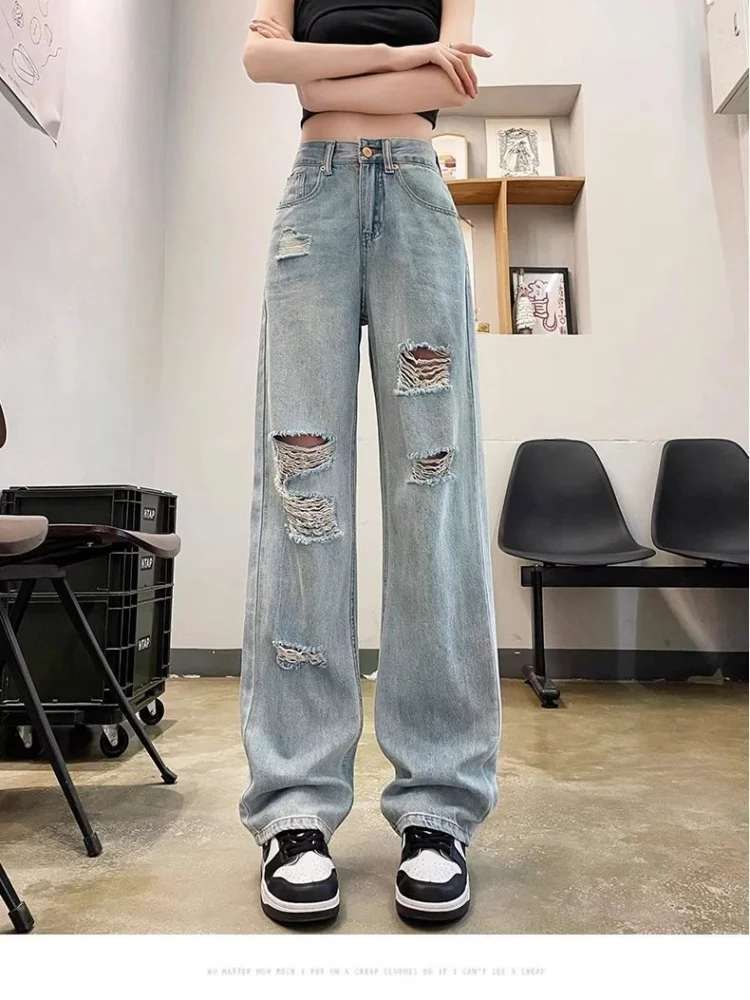 Hoch taillierte, zerrissene, gerade Jeans für Damen, Sommer 2022, neue, lockere, dünne Hose mit weitem Bein