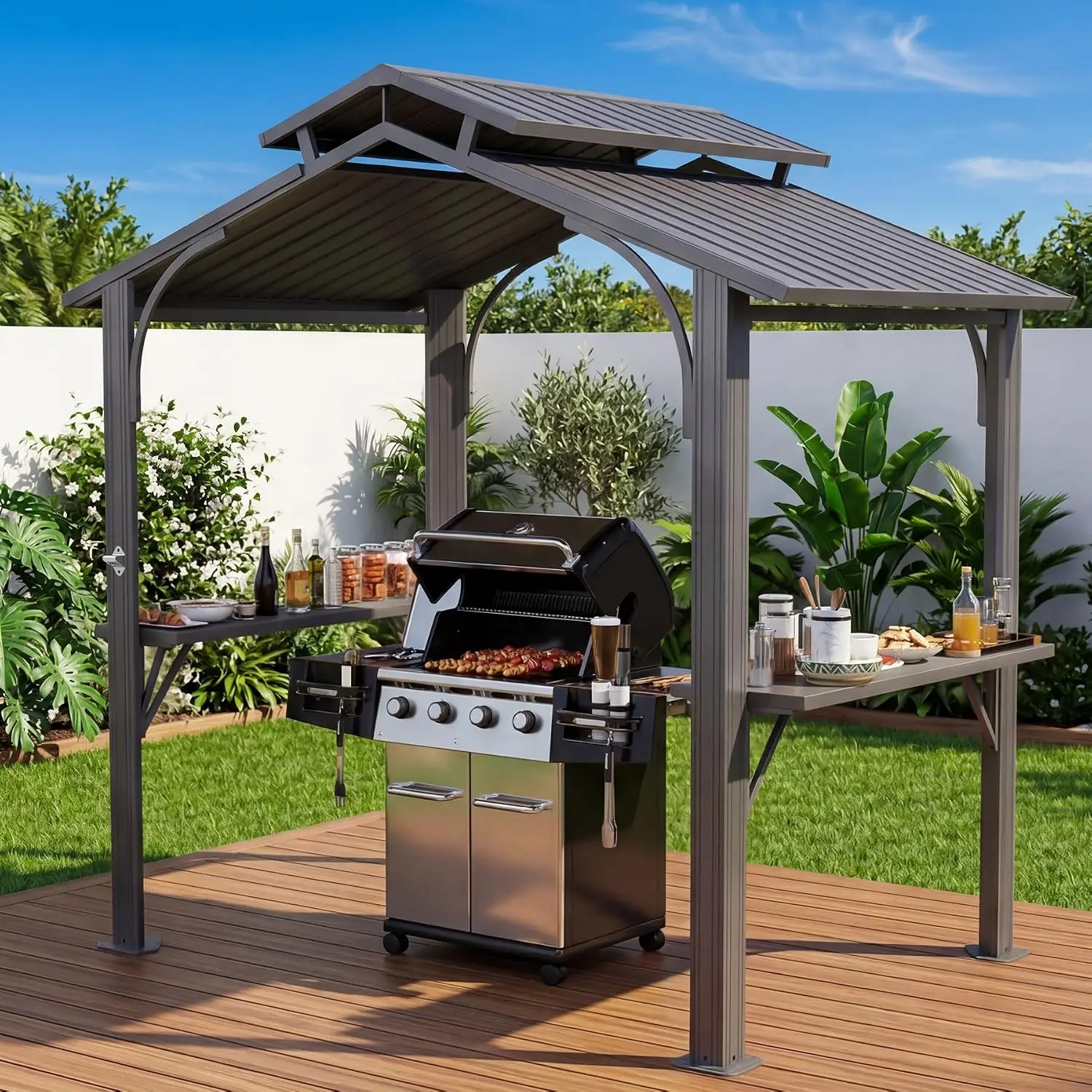 8x5 Grill Gazebo Hardtop All Weather Bbq Gazebo Outdoor Grill 394in Post Double Galvanized Steel Roof Side Shelves Top Ceiling H