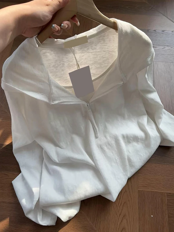 

Korean Style Retro White Half Zip Long Sleeve Hooded Sun Protection Clothing Women's Summer Thin Fake Two-Piece Design Cover ...