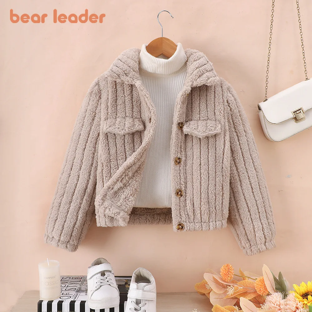 

Bear Leader, модная новая одежда для девочек-подростков, однотонные однобортные детские куртки, осеннее и зимнее плотное плюшевое короткое пальто