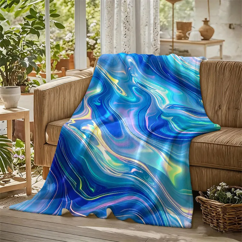 Holographic Blue Fluid Marble Flannel Blanket Warm Soft Halloween Christmas Decorative Couch Warm Cozy All-Season Gift