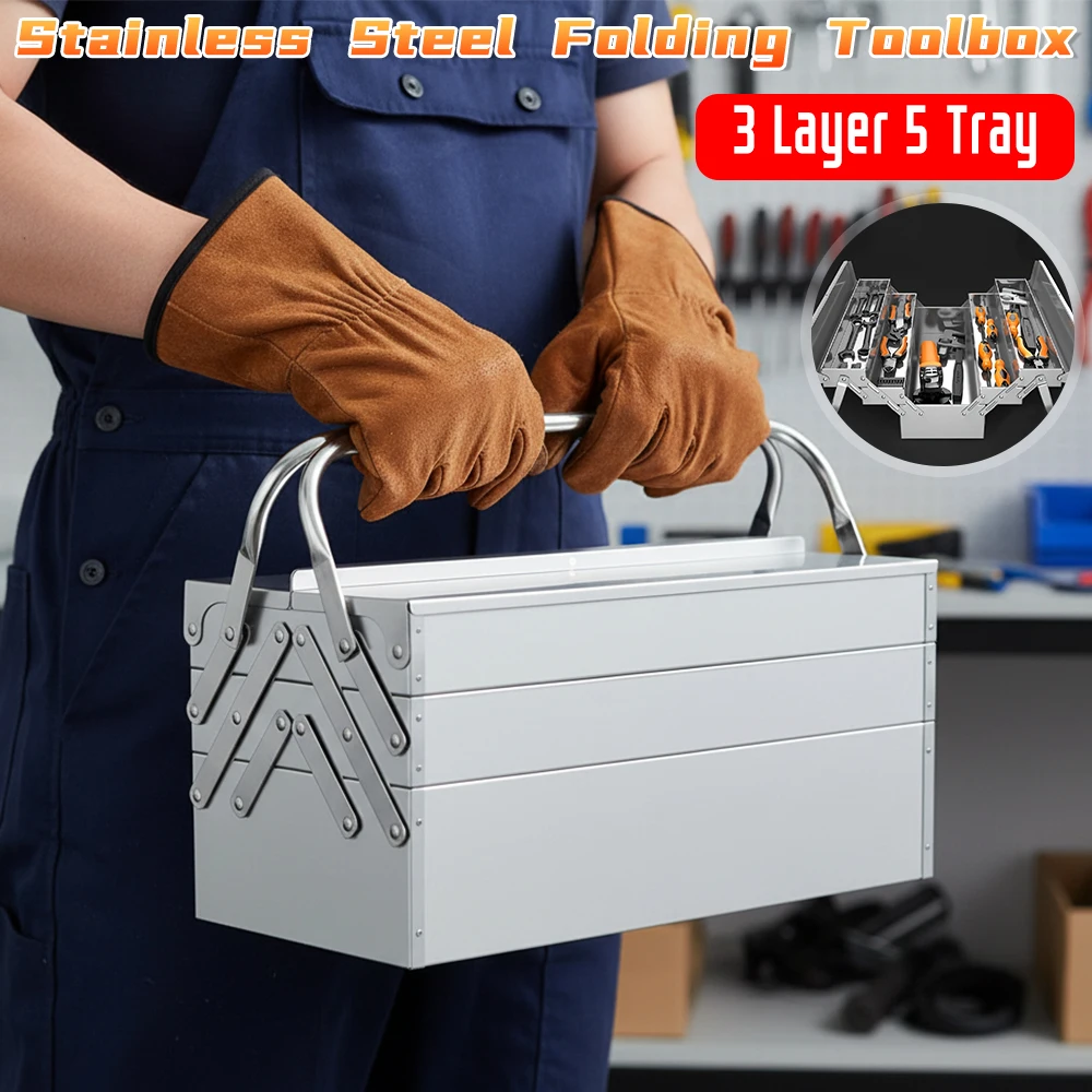 

Stainless Steel Folding Tool Box Metal Tool Box 3 Layer 5 Retractable Tray Tool Storage Box Hardware Storage Box for Auto Repair
