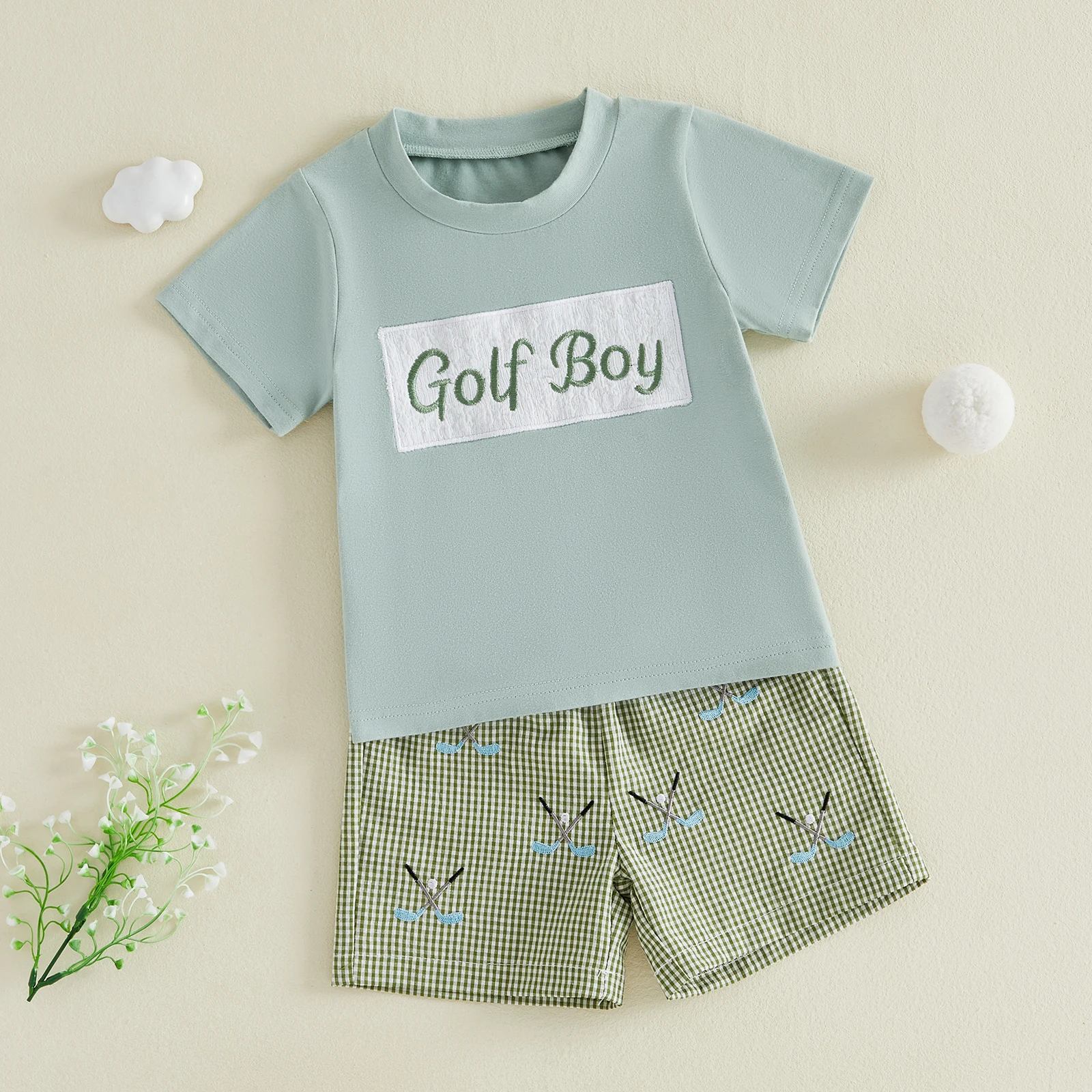 2Pcs Toddler Baby Boy Outfits Summer Short Sleeve Crew Neck Golf Themed Embroidery T shirt Tops Elastic Waist Shorts Boys Set
