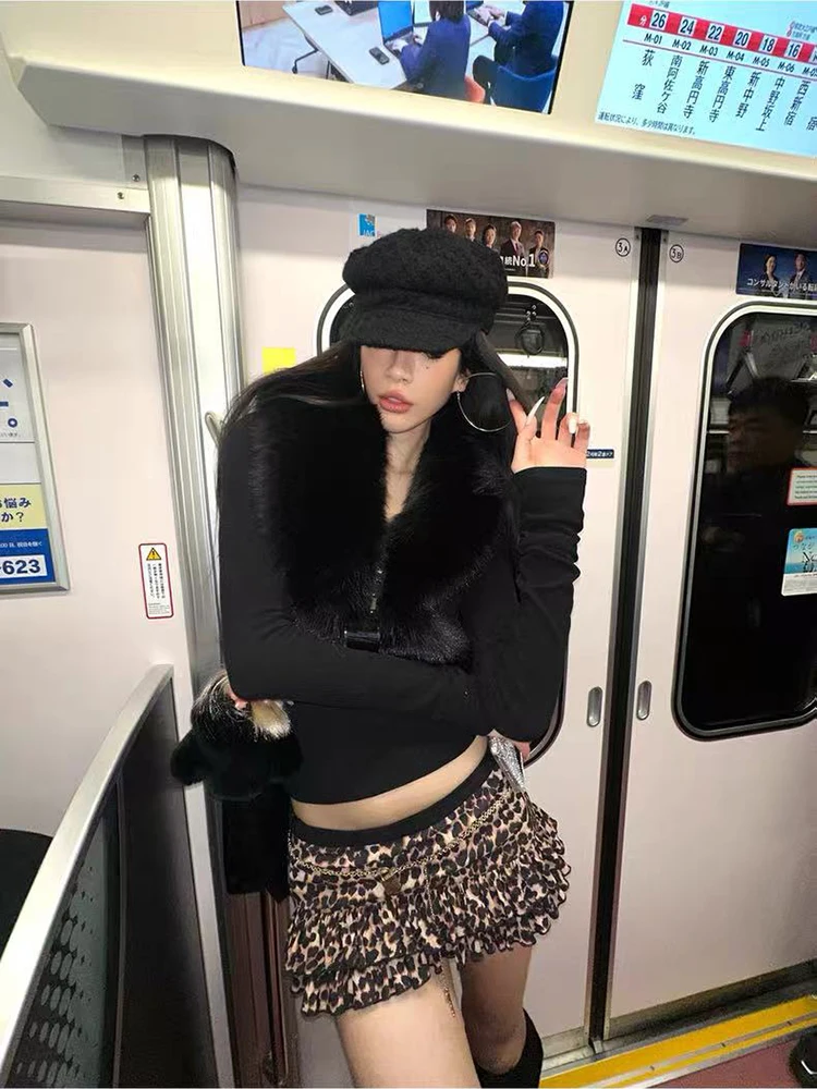 Y2K T-shirt sexy in pelliccia incrociata per donna Pullover corto a maniche lunghe sottile giapponese Autunno Inverno Scollo a V Peluche Patchwork Tees Mujer Nuovo